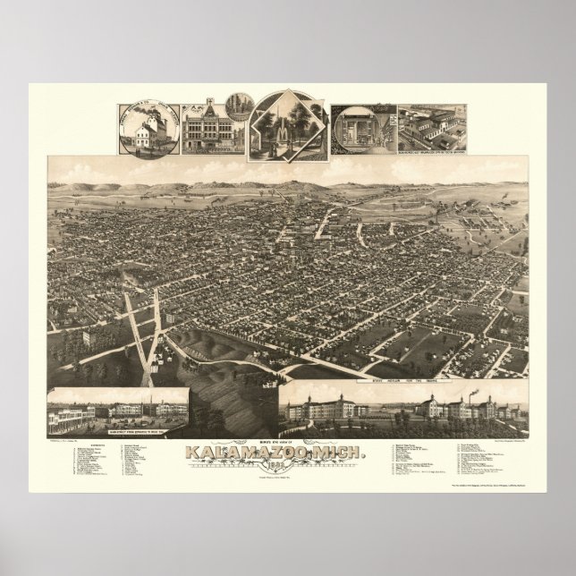 Poster Kalamazoo, MI Carte panoramique - 1883 (Devant)