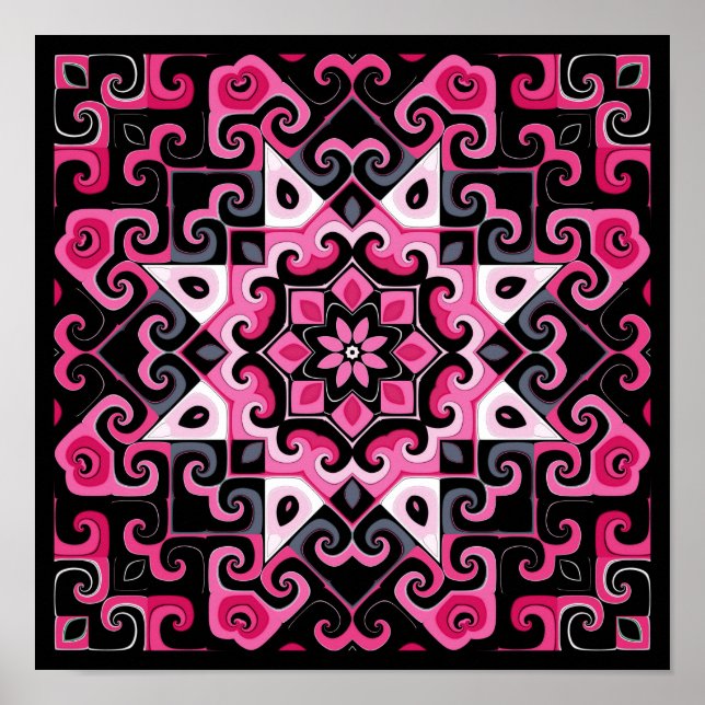 Poster Kaleidoscope rose et noir (Devant)