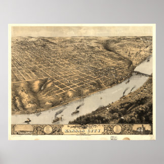 Poster Kansas City Missouri 1869 Carte panoramique antiqu