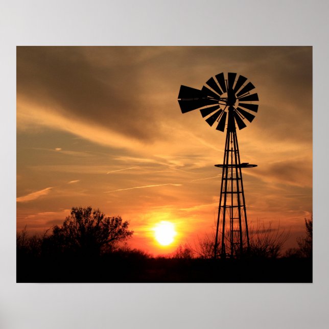 Poster Kansas Golden Sunset avec silhouette de moulin à v (Devant)