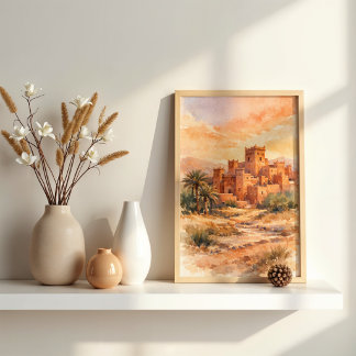 Poster Kasbah du désert marocain à l'aquarelle