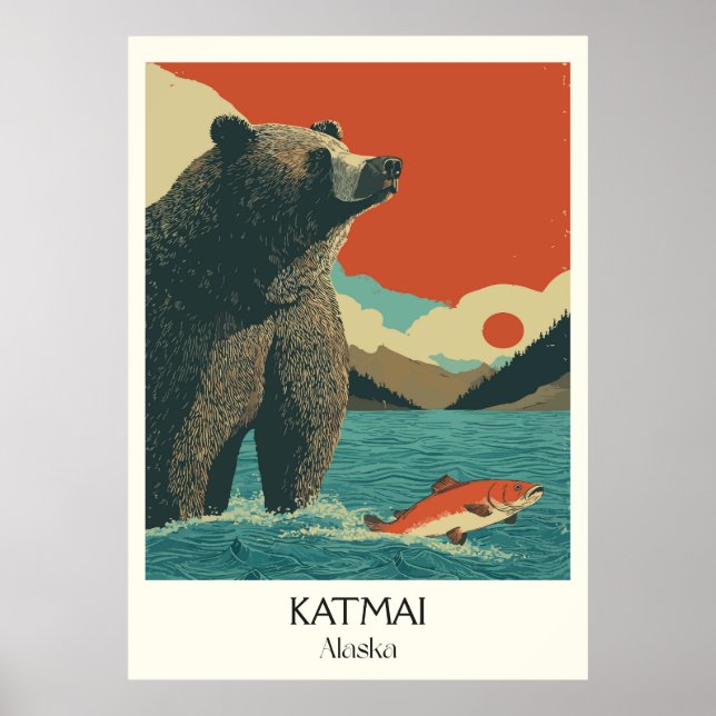 Poster Katmai Alaska Bear Fishing Salmon (Devant)