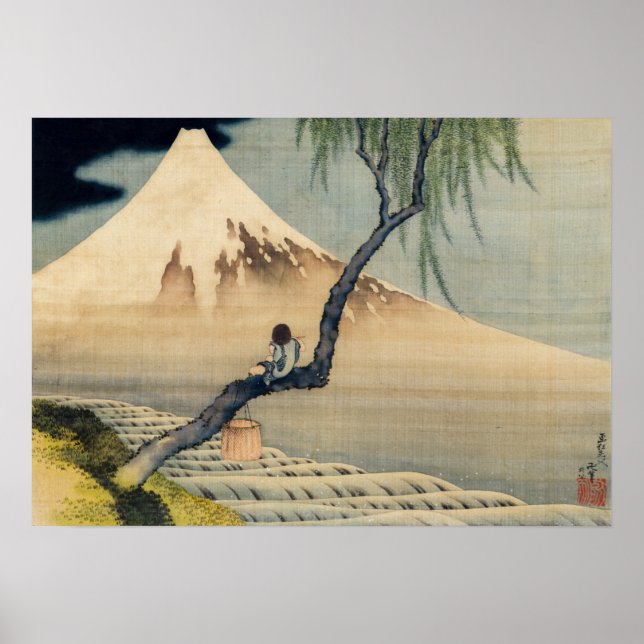 Poster Katsushika Hokusai - Garçon regardant le Mont Fuji (Devant)