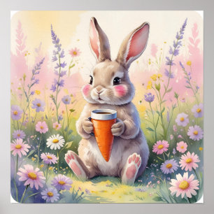 Poster Kawaii Bunny Mug - Aquarelle Flower Field Print