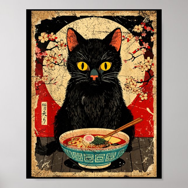 Poster Kawaii Cat Eating Ramen Noodles Funny Anime Gift G (Devant)