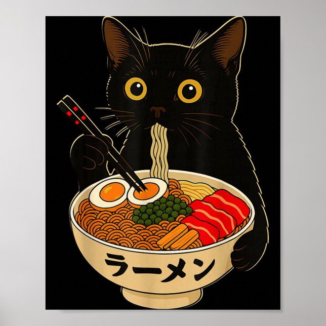Poster Kawaii Cat Eating Ramen Noodles Funny Anime Gift G (Devant)