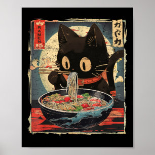 Poster Kawaii Chat Manger Ramen nouilles Vintage Japonais