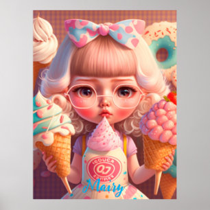 Poster Kawaii fille mignonne avec des glaces