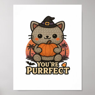Poster Kawaii Halloween Chat avec Citrouille, jolie sorci