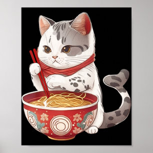 Poster Kawaii Ne Ko Chat Manger Ramen Noodles Nourriture 