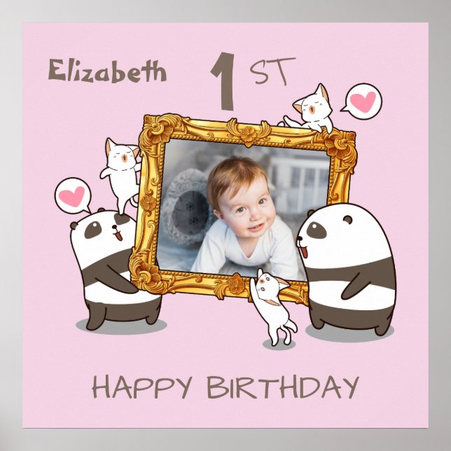 Poster Kawaii pandas et chats photo cadre 1er anniversair (Devant)