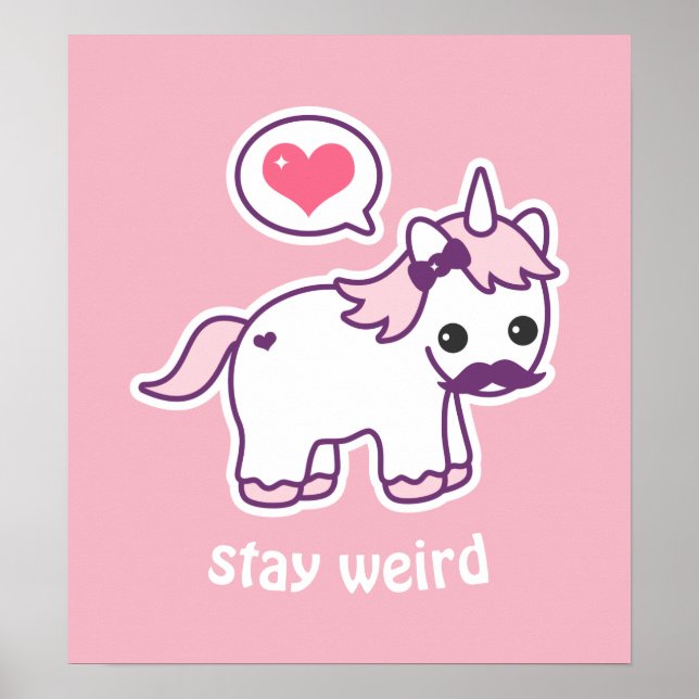 Poster Kawaii Rose Mustache Unicorne (Devant)