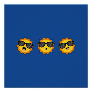 Poster Kawaii Soleil avec lunettes de soleil Joyeux visag