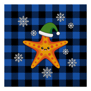 Poster Kawaii Xmas Starfish sur Blue Buffalo Motif