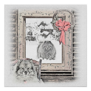 Poster Keeshond Noël hiver fenêtre Peinture Chien Art