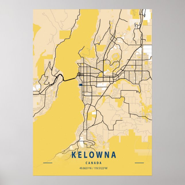 Poster Kelowna - Carte de la ville jaune du Canada (Devant)