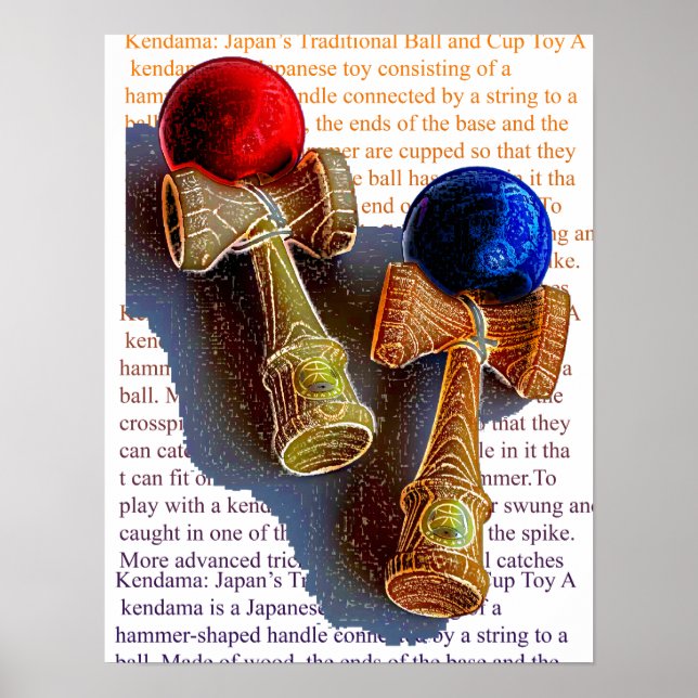 Poster Kendama, rouge et bleu - croquis d'encre couleur (Devant)