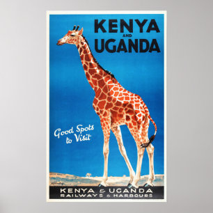 Poster KENYA et UGANDA Safari Animaux Tourisme ancien