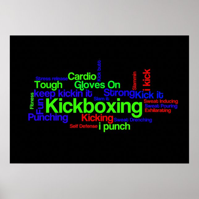 Poster Kickboxing Word Cloud brillant sur noir (Devant)
