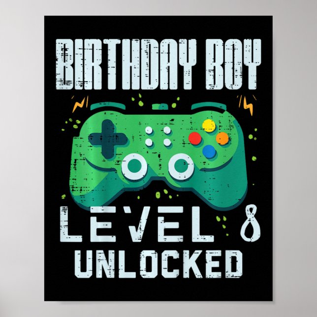 Poster Kids Birthday Boy Level 8 Unlocked Gamer Controlle (Devant)