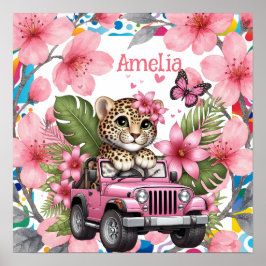 Poster Kids Name & Floral Baby Jungle Animals Nursery 