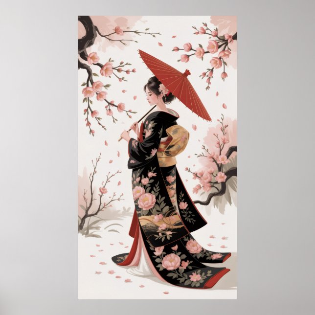 Poster Kimono et fleurs de cerisiers (Devant)