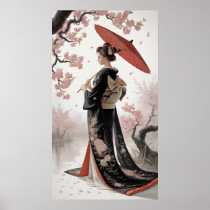 Poster Kimono et fleurs de cerisiers