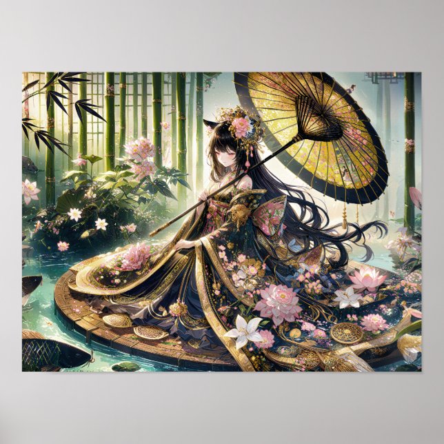 Poster Kimono Floral Majestueux Sous La Canopée De Bambou (Devant)