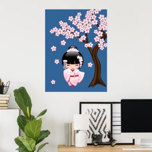 Poster Kimonon rose Kawaii Poupée Kokeshi sur fond bleu