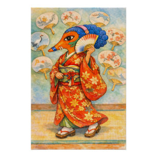 Poster Kitsune en kimono avec des roses – Esprit renard j