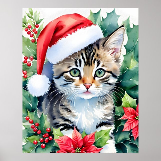 Poster Kitten À Santa Hat Noël Aquarelle Art (Devant)