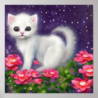 Poster Kitten blanc entouré de fleurs