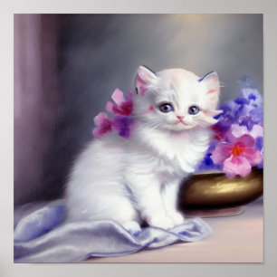 Poster Kitten blanc vintage aux fleurs roses et violettes