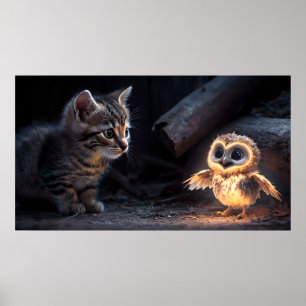 Poster Kitten & Owl - Whimsical Forest Friends Art