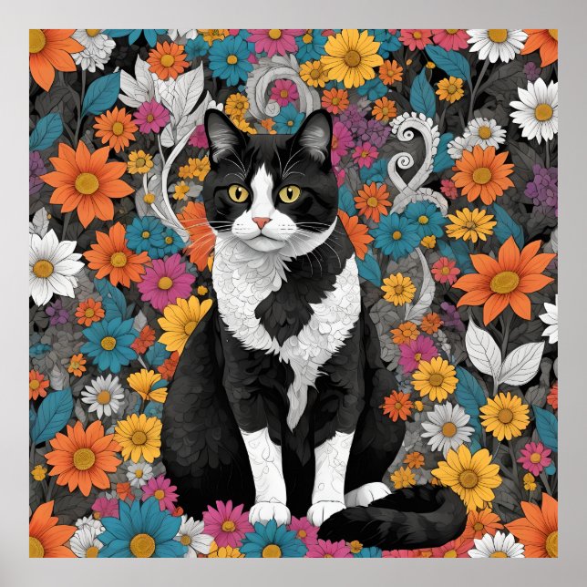 Poster Kitty au milieu des fleurs (Devant)