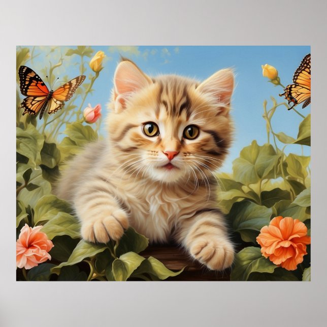 Poster *~* Kitty Chat 5:4 Kitten Fleurs papillons AP68 (Devant)
