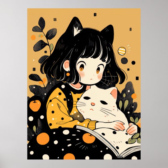 Poster Kitty girl lire un livre (Devant)