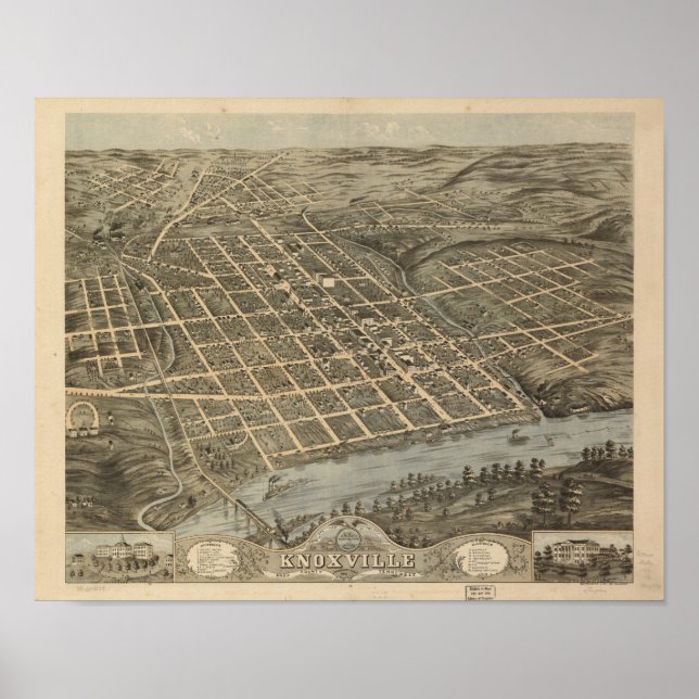 Poster Knoxville Tennessee 1871 Carte panoramique antique (Devant)