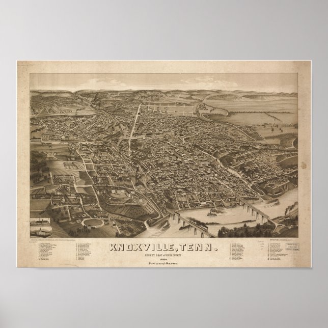 Poster Knoxville Tennessee 1886 Carte panoramique antique (Devant)