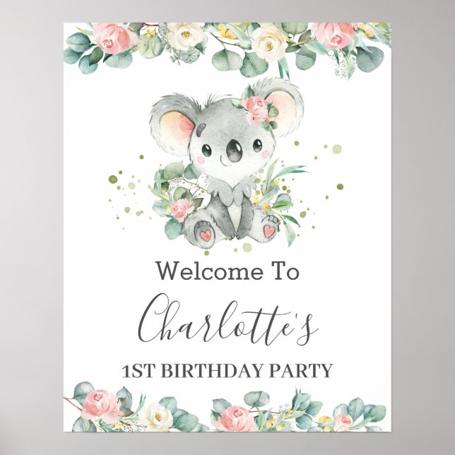 Poster Koala Floral Baby shower de verdure Bienvenue (Devant)