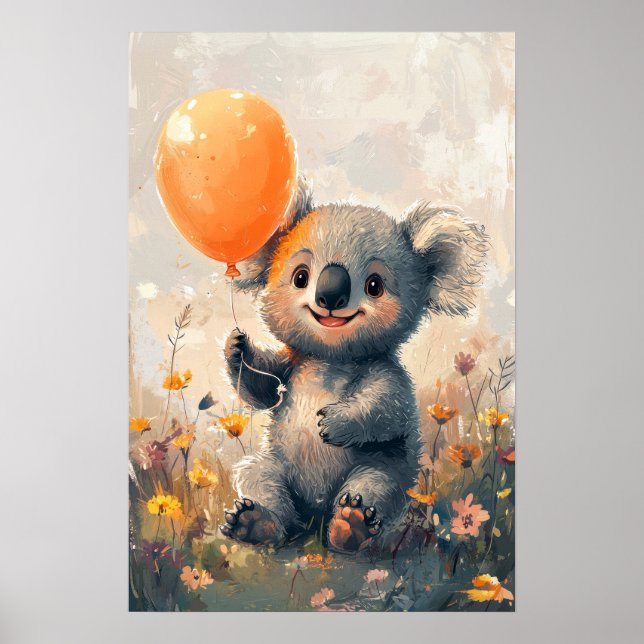 Poster Koala Whimsical avec ballon orange dans Meadow Dig (Devant)