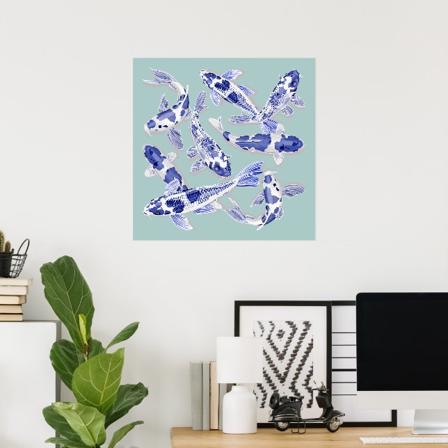 Poster Koi bleu et blanc (Bureau à domicile)