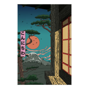 Poster Konnichiwa Coucher de soleil japonais