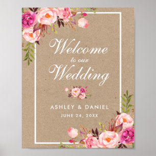 Poster Kraft Aquarelle Floral rose Blush Mariage Bienvenu