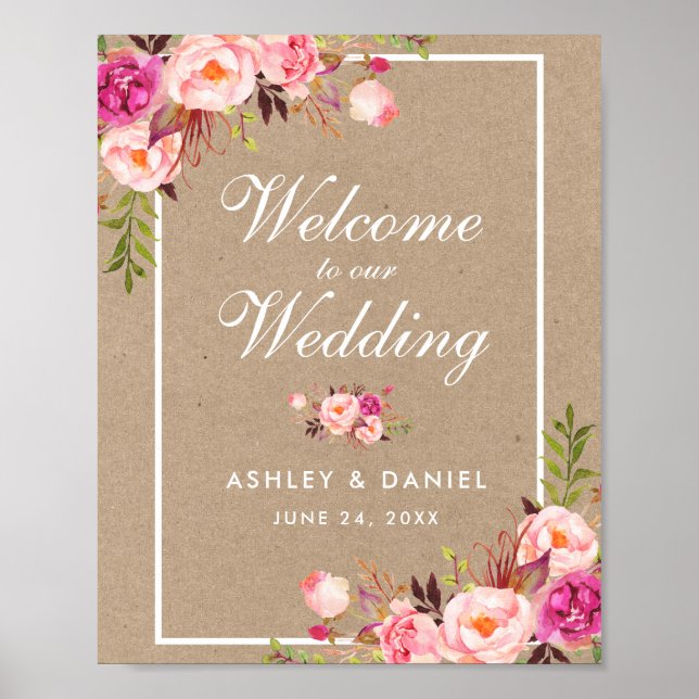 Poster Kraft Aquarelle Floral rose Blush Mariage Bienvenu (Devant)