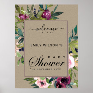POSTER KRAFT BLUSH BURGUNDY BABY SHOWER FLORAL BIENVENUE