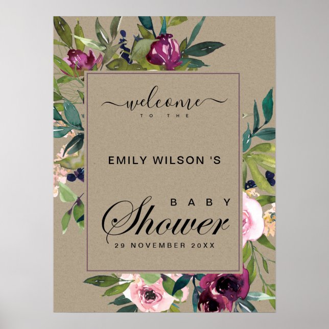 POSTER KRAFT BLUSH BURGUNDY BABY SHOWER FLORAL BIENVENUE (Devant)