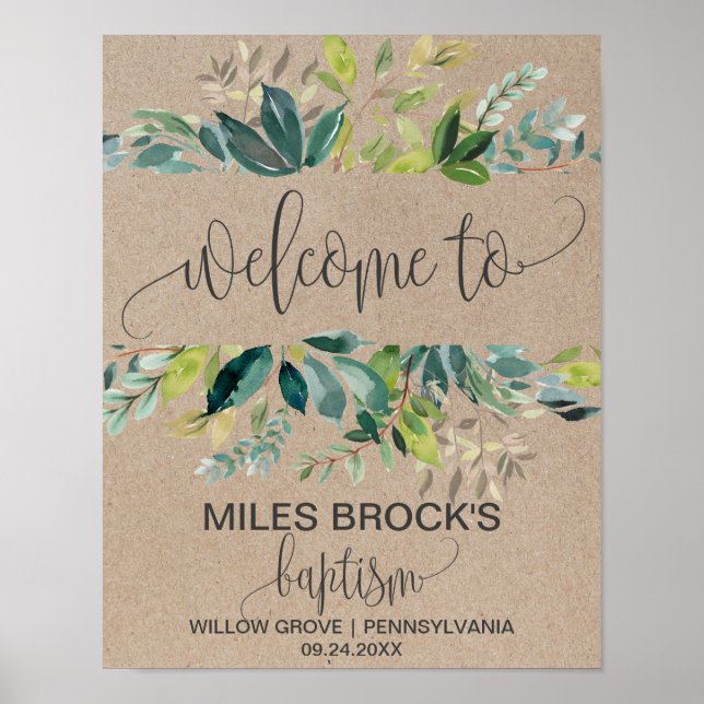 Poster Kraft Foliage Baptême Bienvenue (Devant)