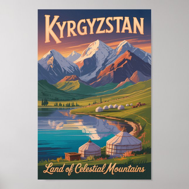 Poster Kyrgyzstan Mountains Illustration Travel Art Vinta (Devant)