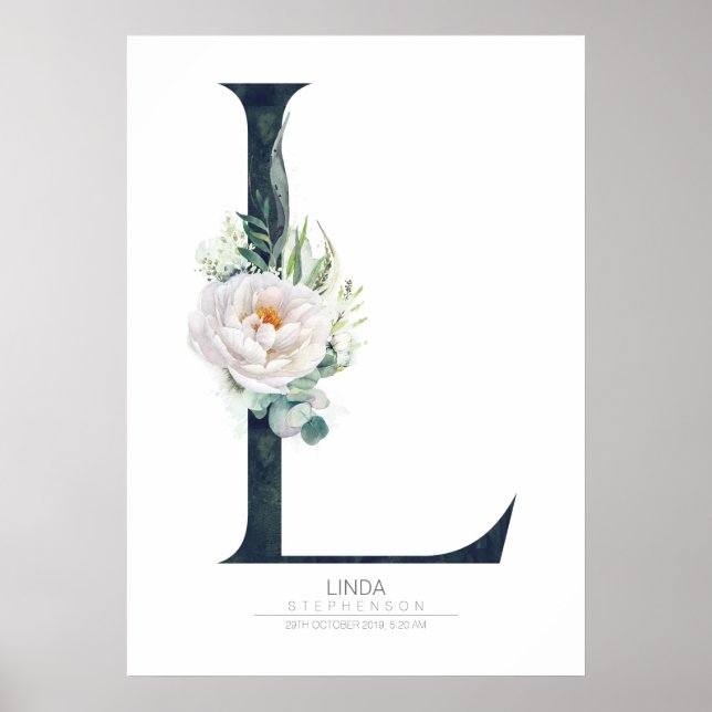 Poster L Lettre Monogramme Fleurs Blanches et Feuillage (Devant)